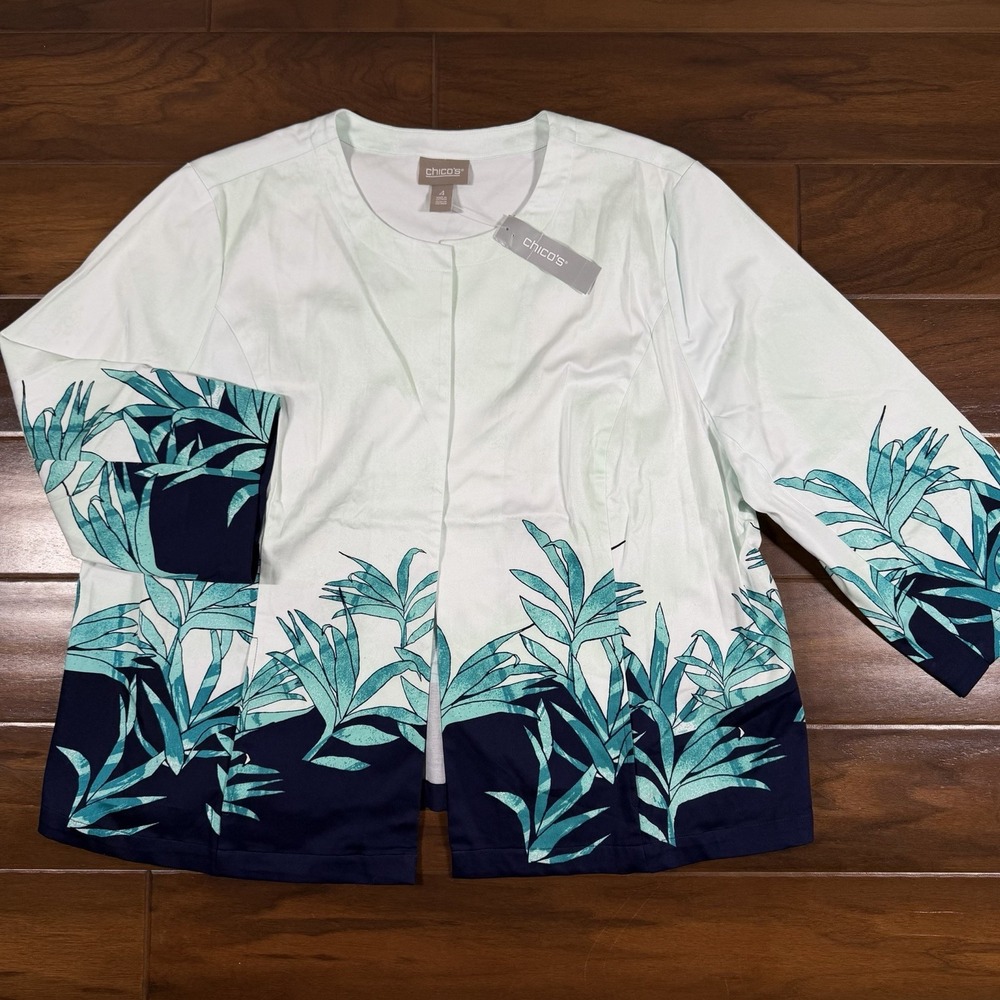 Chico's Size 4 / XXL Satin Sky Crowned Crane Peacock Print Open Front Jacket